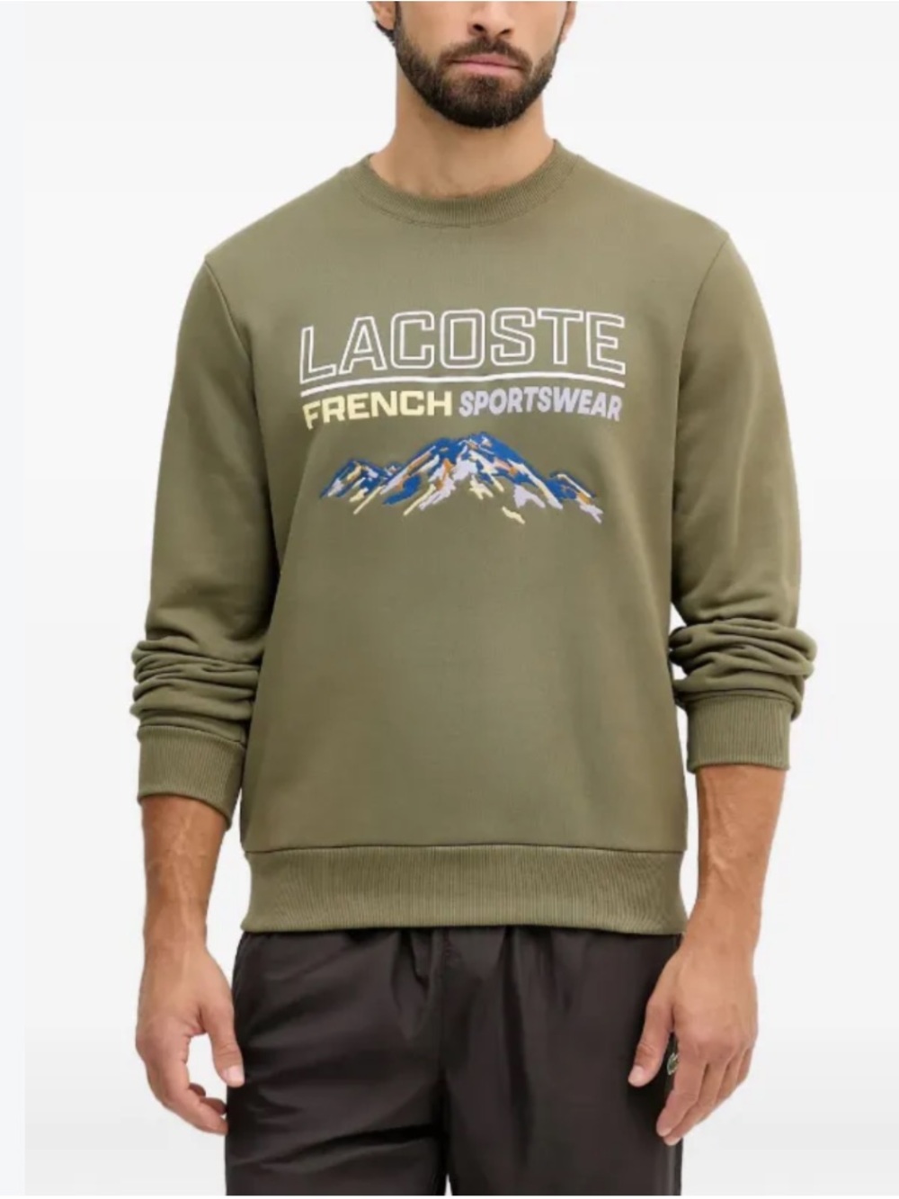 New Lacoste Olive Graphic Alps Motif Fleece Crewneck Sweatshirt Size XXL Cotton